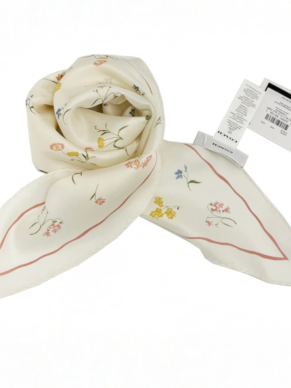 Coach Chalk Floral Silk Diamond Scarf w/Pink Border NWT
